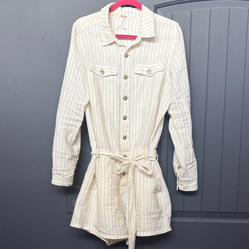 Free People Cream Striped Linen Shorts Romper with Belt